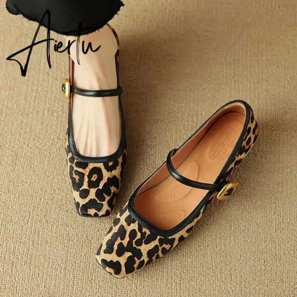 Aiertu NEW Spring/Autumn Women Pumps Square Toe Chunky Heel Shoes Horsehair Leopard Shoes for Women Concise High Heel Buckle Mary Janes