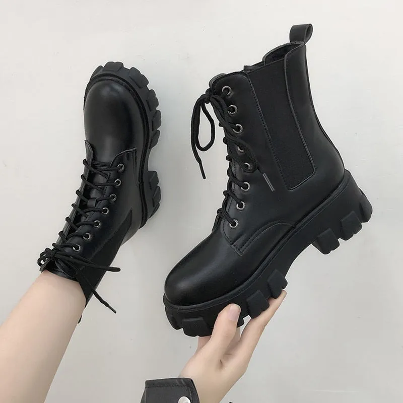 Amozae-Christmas Gift Fashion Motorcycle Boots Wedges Flat Shoes Woman High Heel Platform PU Leather Boots Lace Up Women Shoes Black Boots Girls