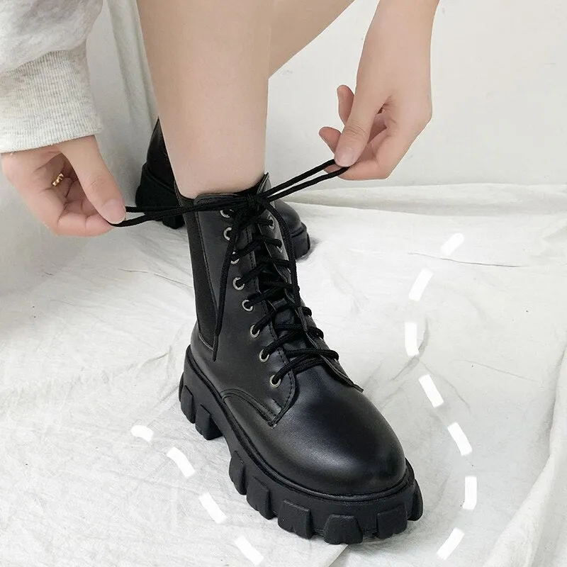 Amozae-Christmas Gift Fashion Motorcycle Boots Wedges Flat Shoes Woman High Heel Platform PU Leather Boots Lace Up Women Shoes Black Boots Girls