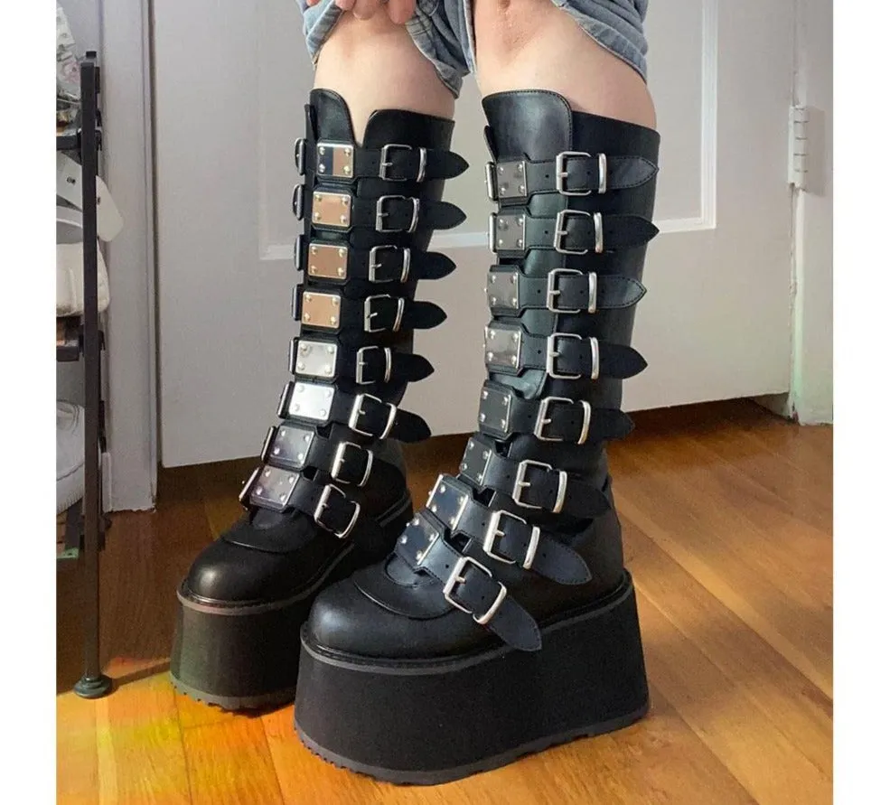 Amozae---Christmas Gift Luxury Brand New women's High Platform Boots Gothic Cosplay Shoes Woman Stylish Metal Buckle Wedges High Heels Boots Female