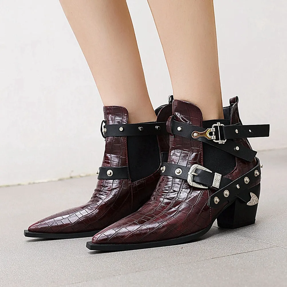 AMOZAE Plus Size 34-50 New Ladies Chunky High Heels Ankle Boots Pointed Toe Buckle Rivet Boots Women Party Ol Woman shoes