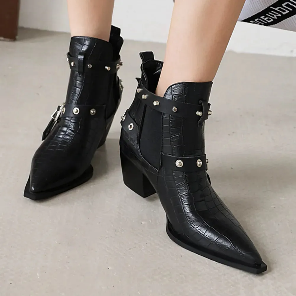 AMOZAE Plus Size 34-50 New Ladies Chunky High Heels Ankle Boots Pointed Toe Buckle Rivet Boots Women Party Ol Woman shoes