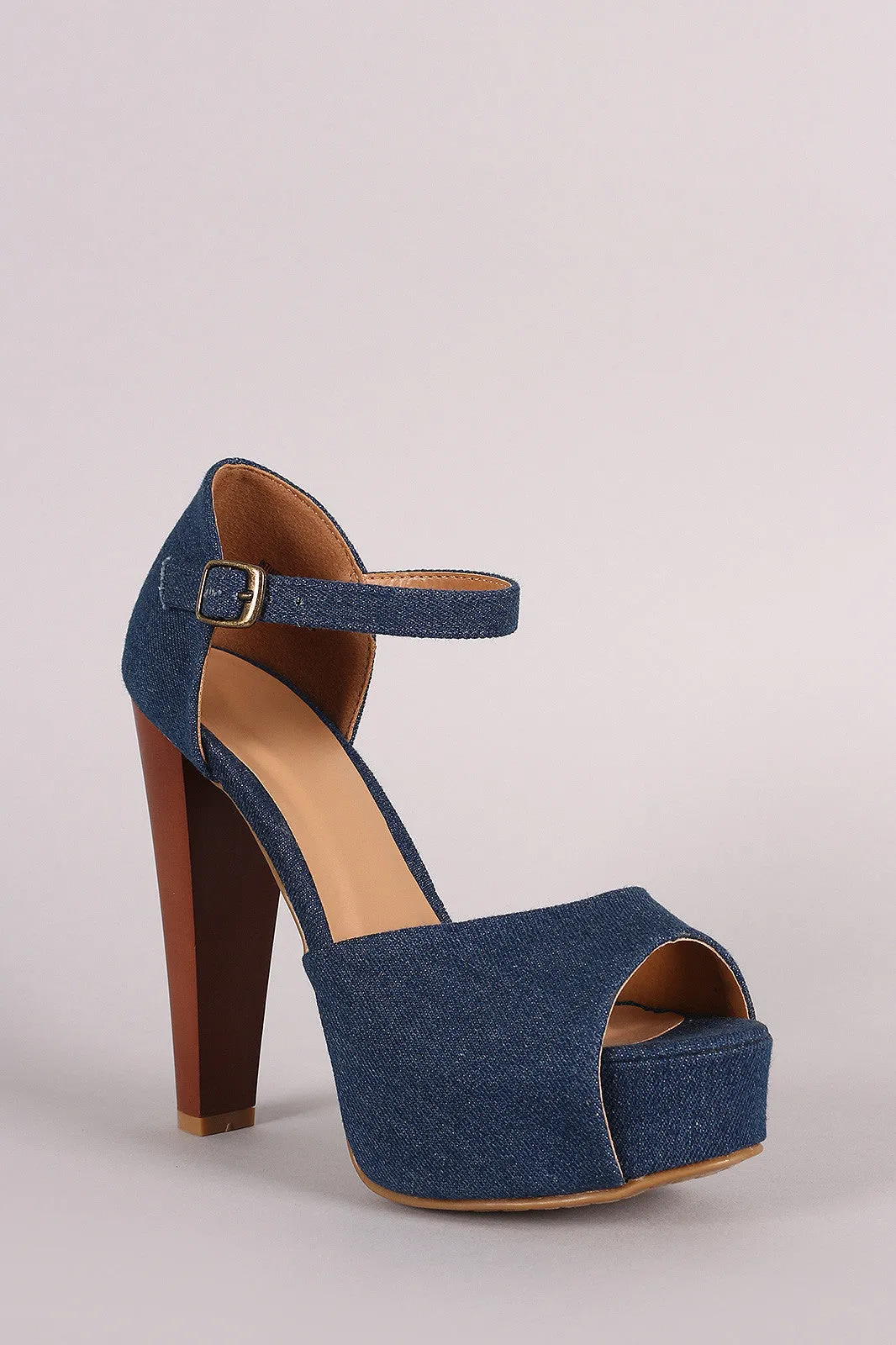 Bamboo Denim Peep-Toe One Band Counter Platform Heel