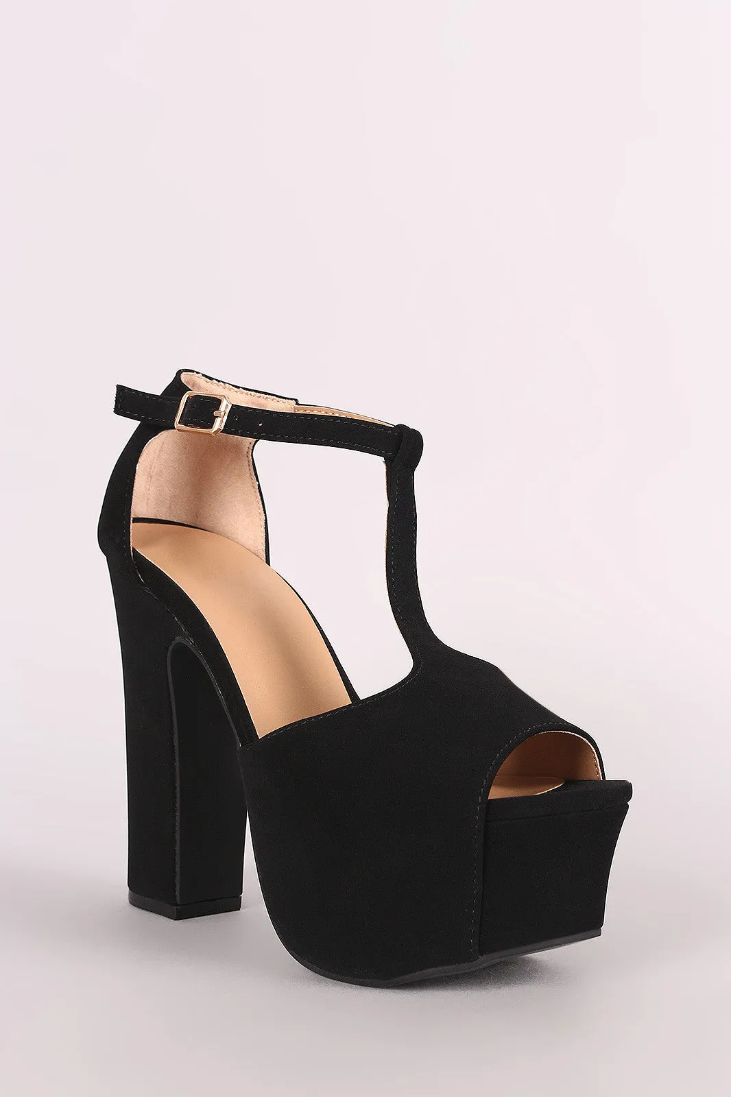 Bamboo Nubuck Peep Toe T-Strap Chunky Platform Heel