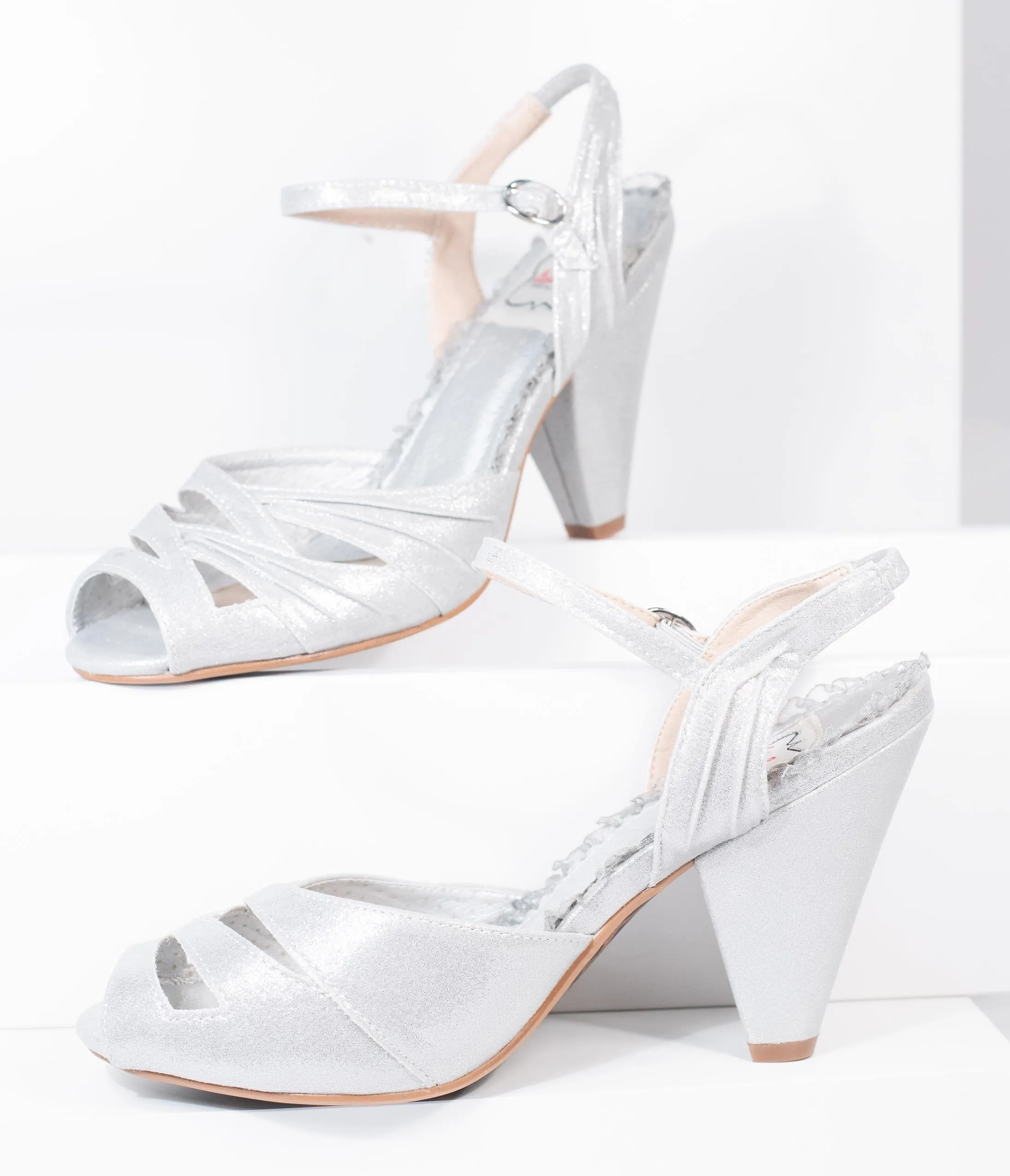 Bettie Page Silver Metallic Peep Toe Maria Heels