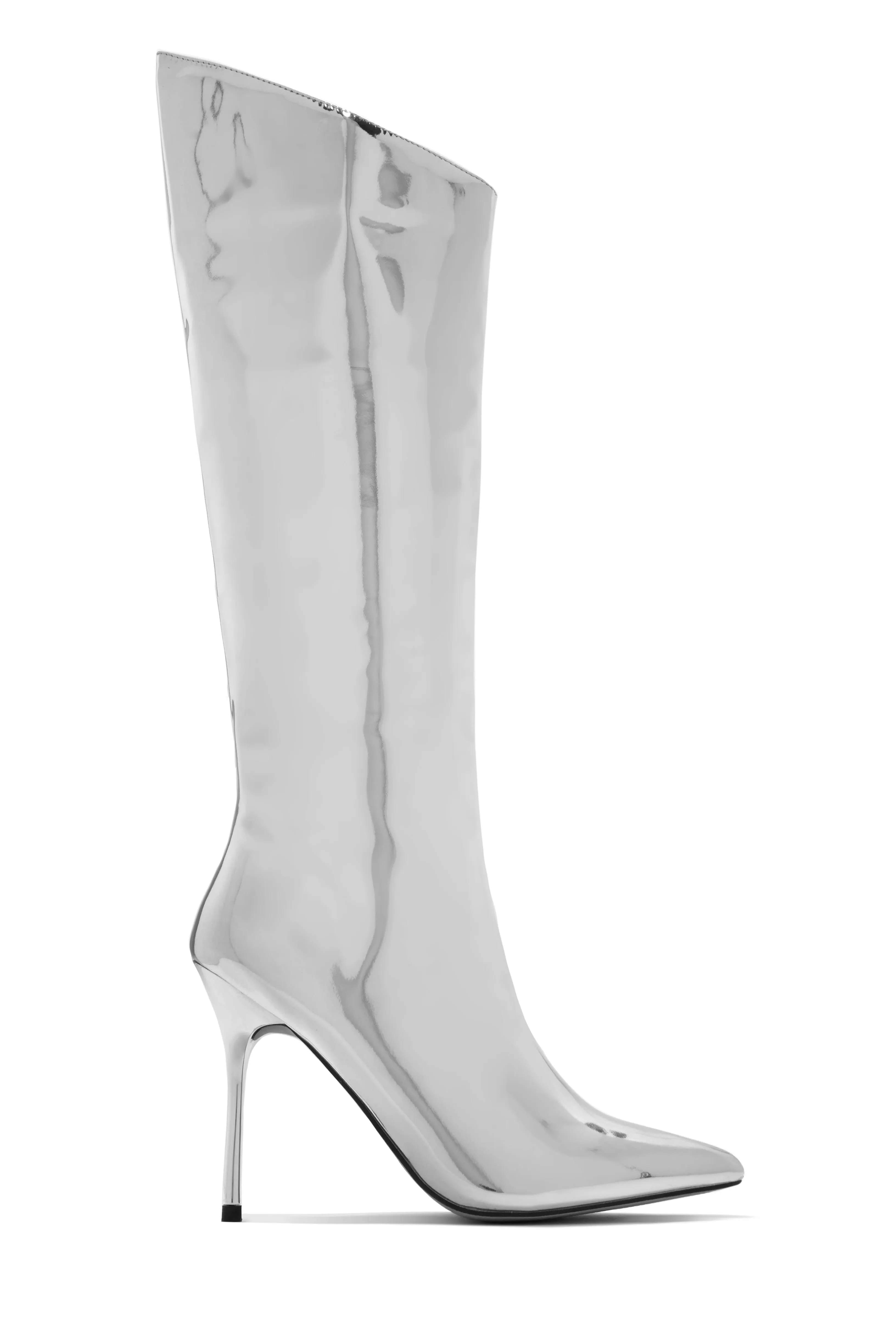 Center Of Attention Asymmetric Knee High Boots - Silver