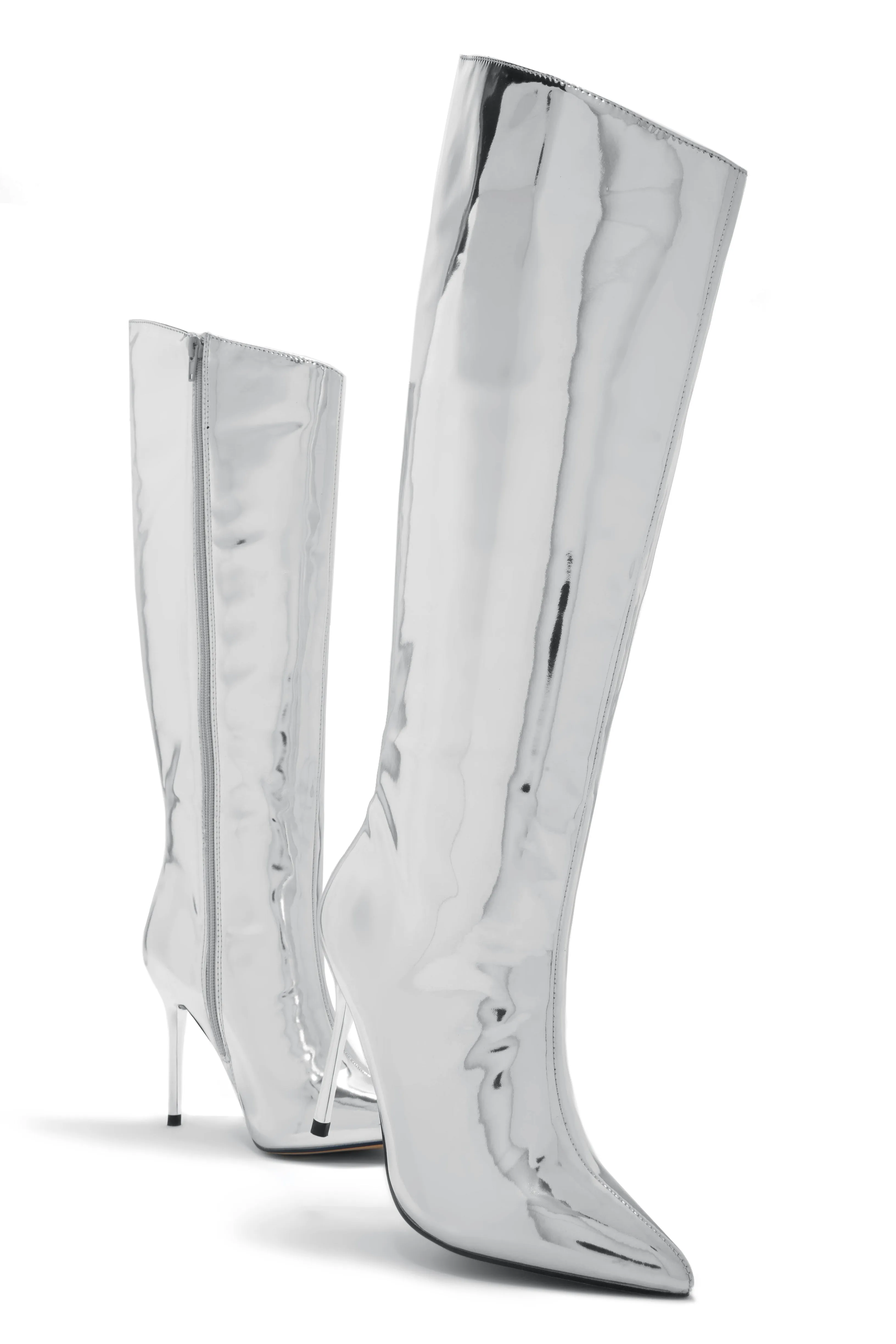 Center Of Attention Asymmetric Knee High Boots - Silver