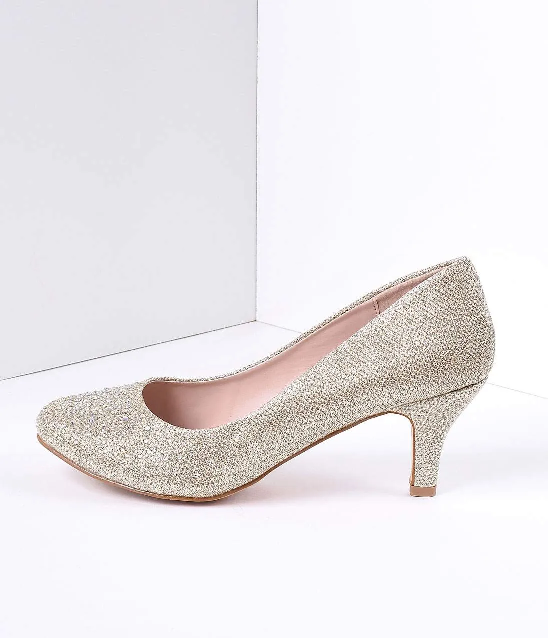 Champagne Metallic Rhinestone Doris Kitten Heels