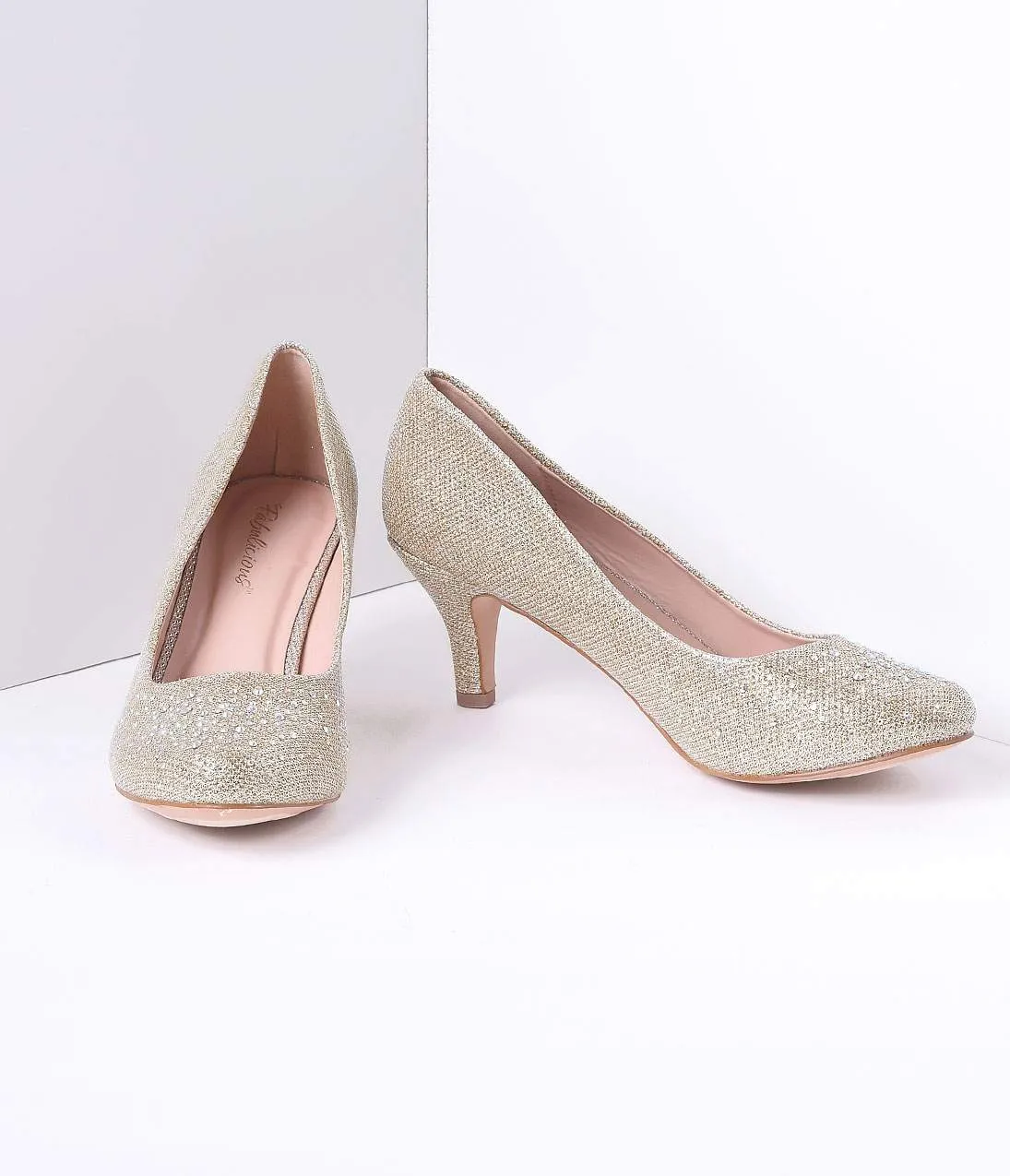 Champagne Metallic Rhinestone Doris Kitten Heels