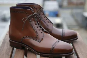 Handmade Ankle High Brown Cap Toe Lace Up Boot