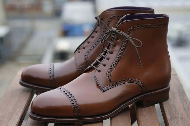 Handmade Ankle High Brown Cap Toe Lace Up Boot