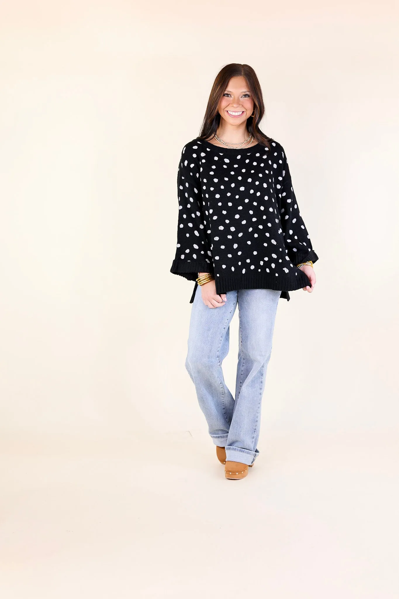 Iced Latte Love Wide 3/4 Sleeve Polka Dot Sweater in Black