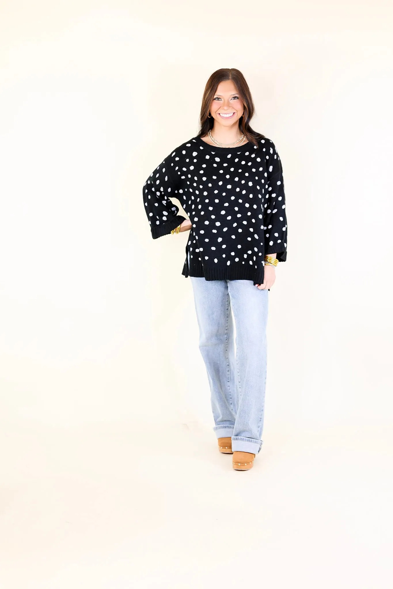 Iced Latte Love Wide 3/4 Sleeve Polka Dot Sweater in Black