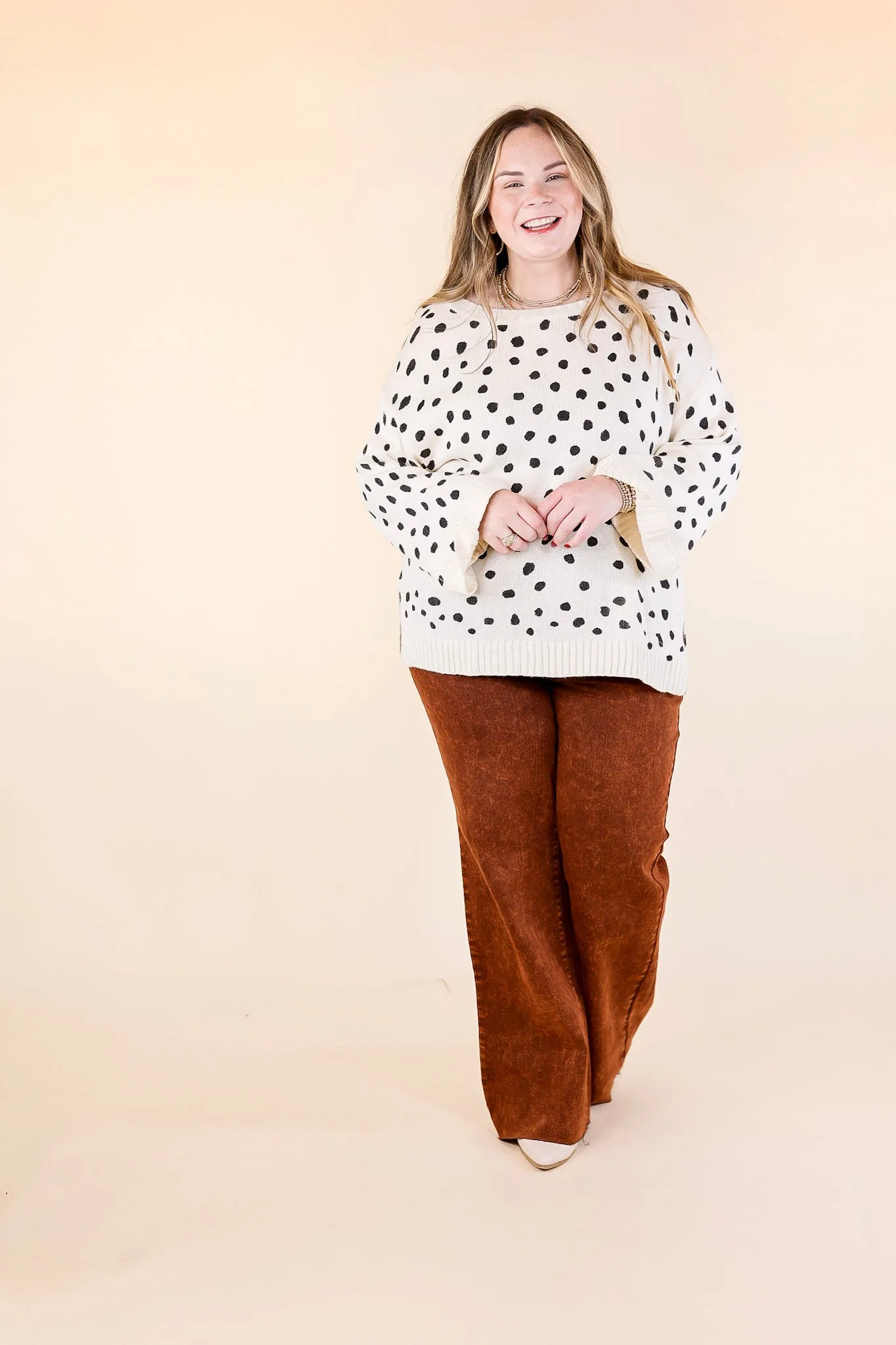 Iced Latte Love Wide 3/4 Sleeve Polka Dot Sweater in Ivory