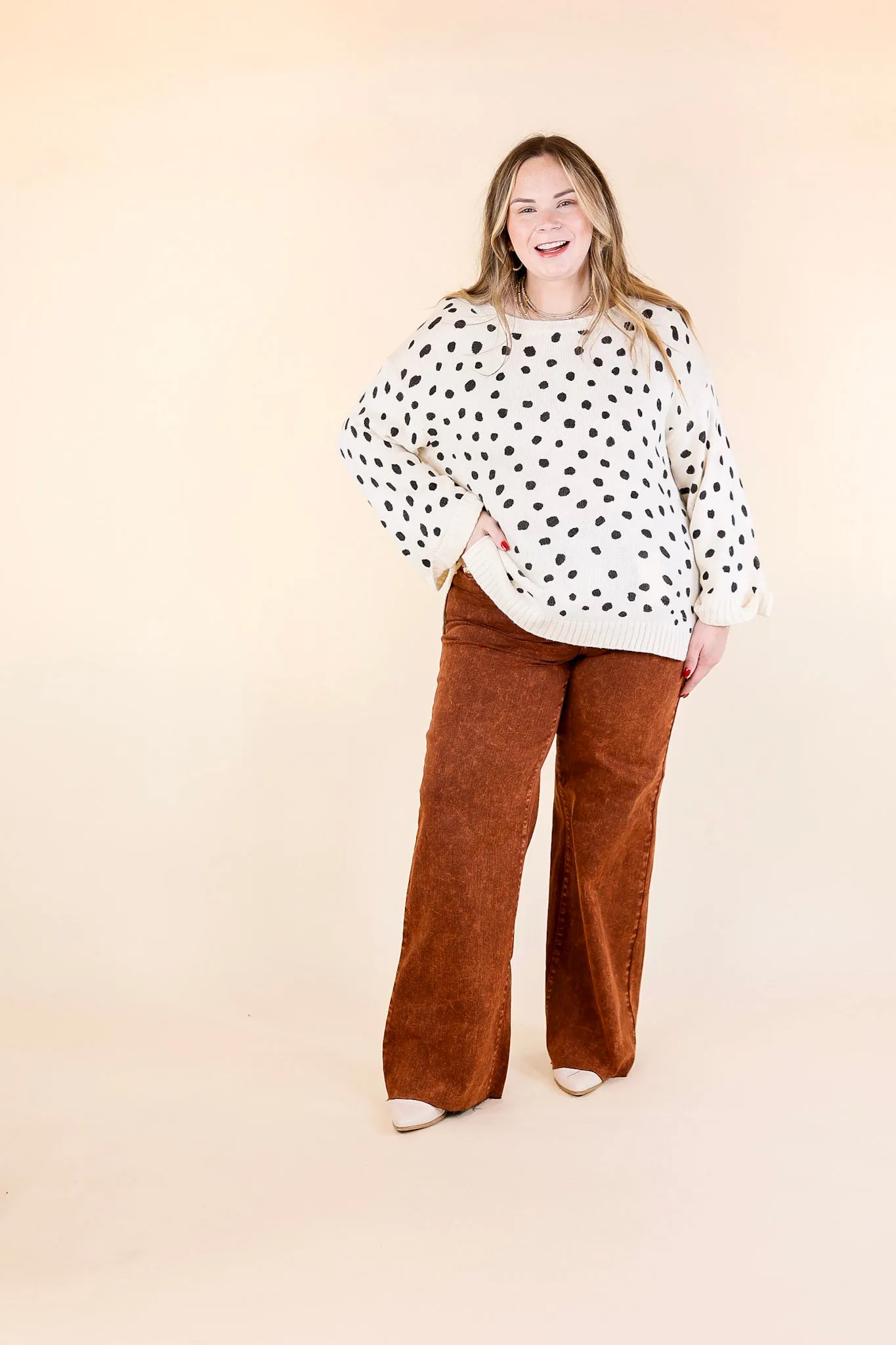 Iced Latte Love Wide 3/4 Sleeve Polka Dot Sweater in Ivory