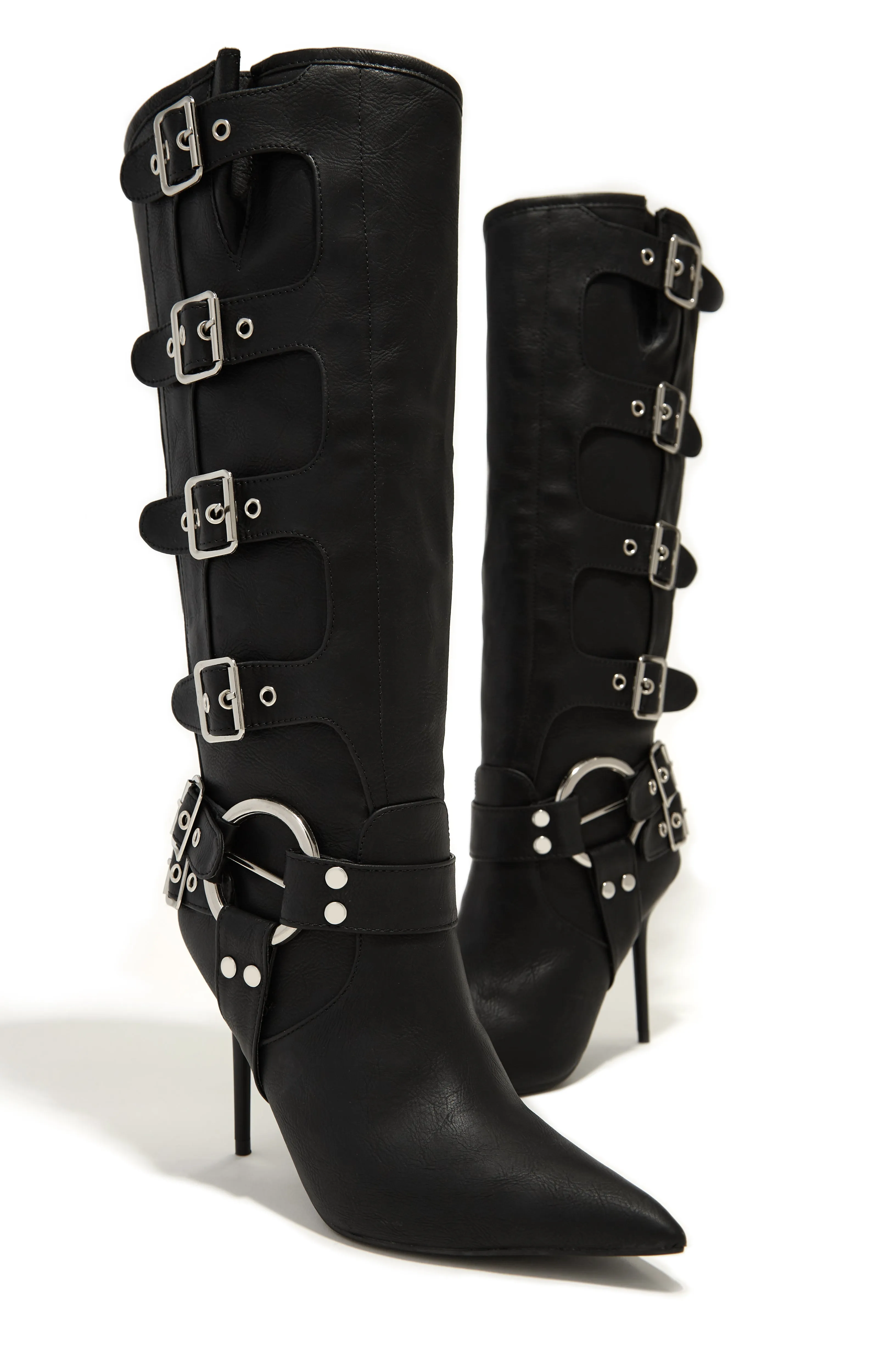 Kaycee Below The Knee High Heel Moto Boots - Black