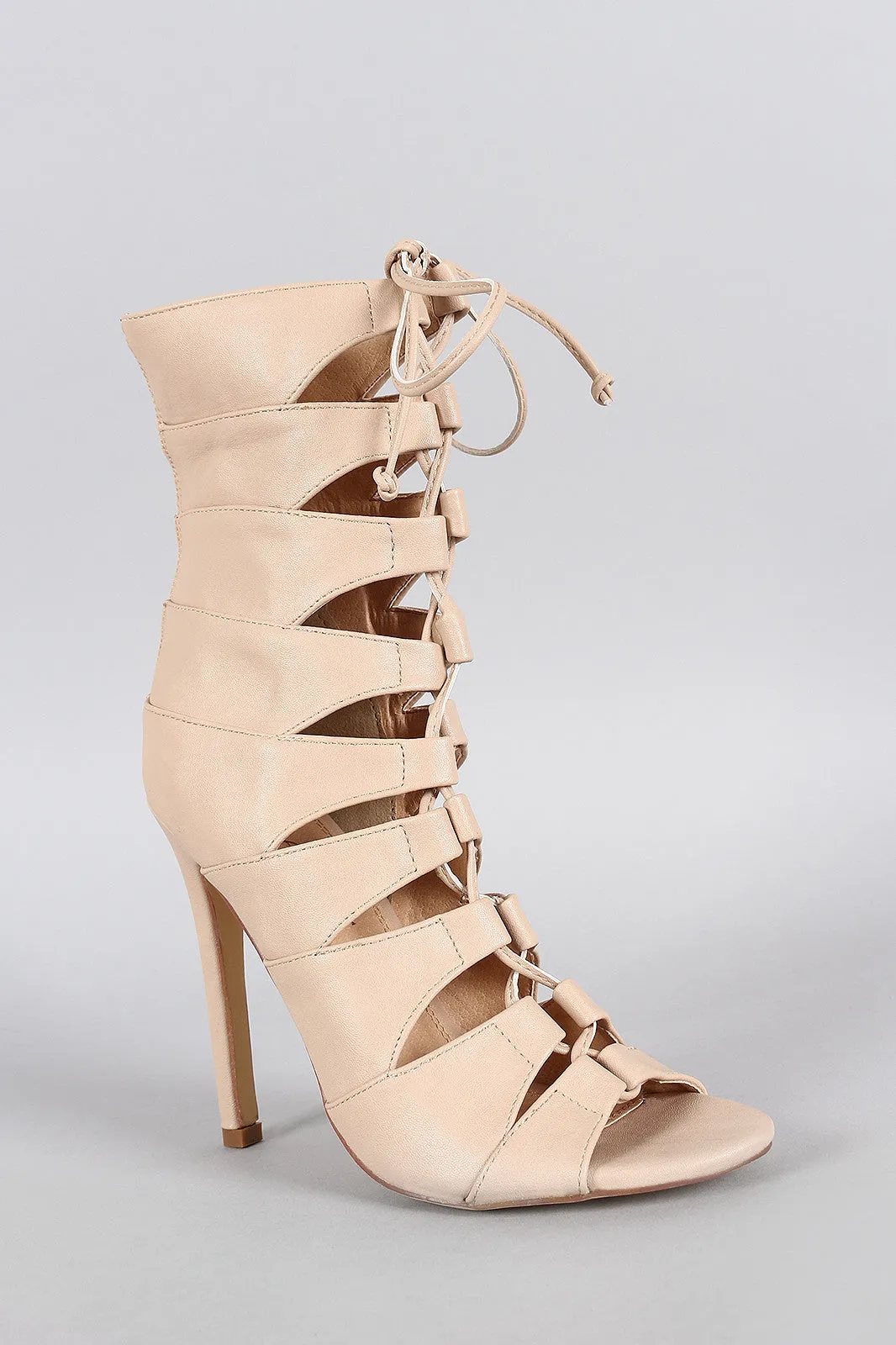 Liliana Caged Lace Up Peep Toe Stiletto Heel