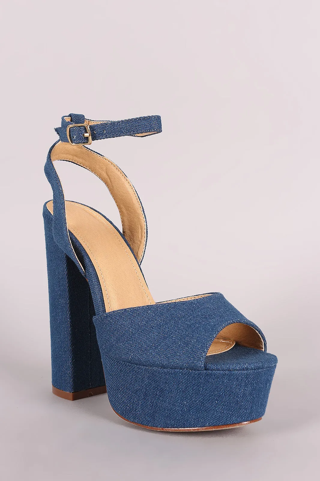 Liliana Denim Peep Toe Platform Chunky Heel