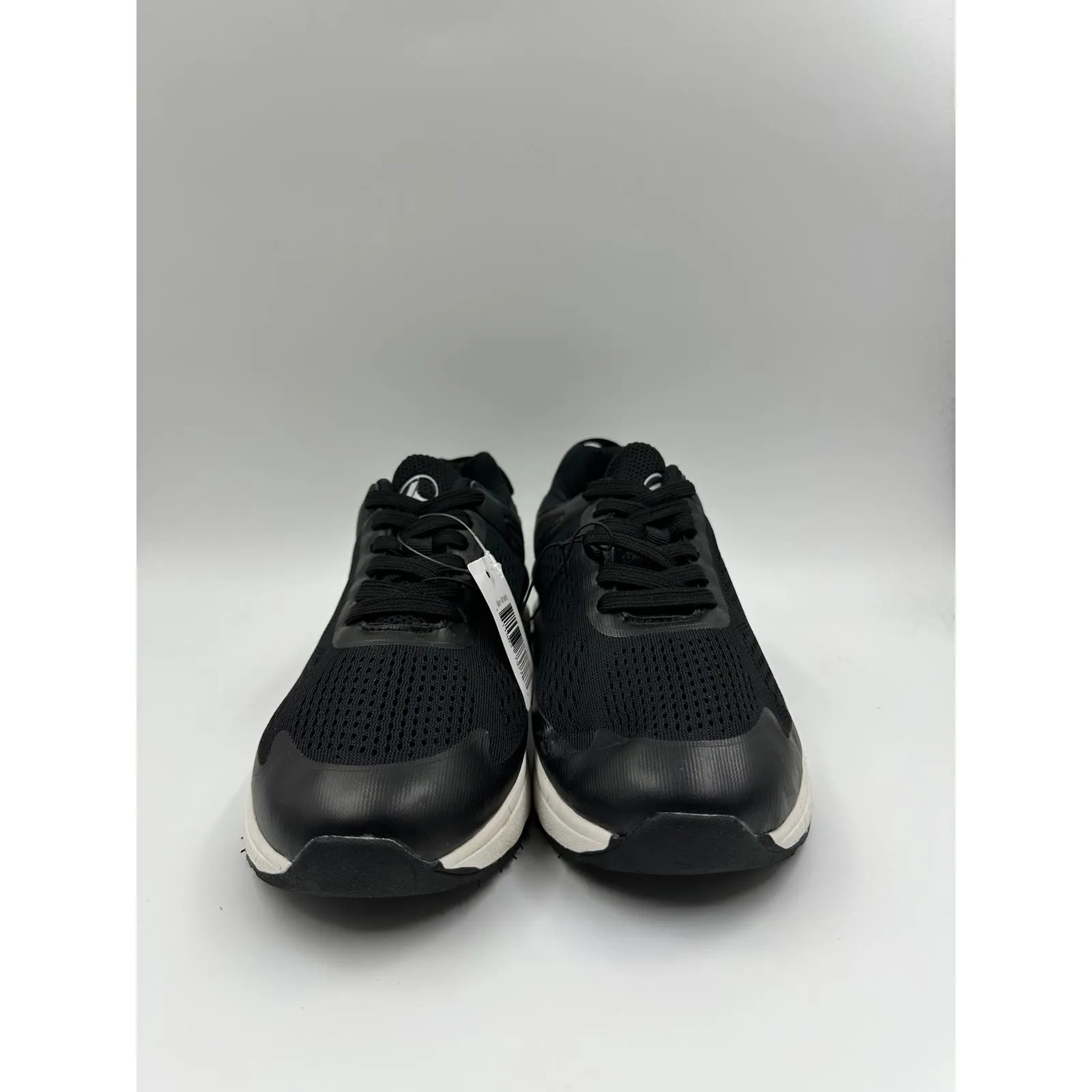 Men's Size 8.5, Black Low Top Casual Sneakers with Tie In Laces, and White Sole