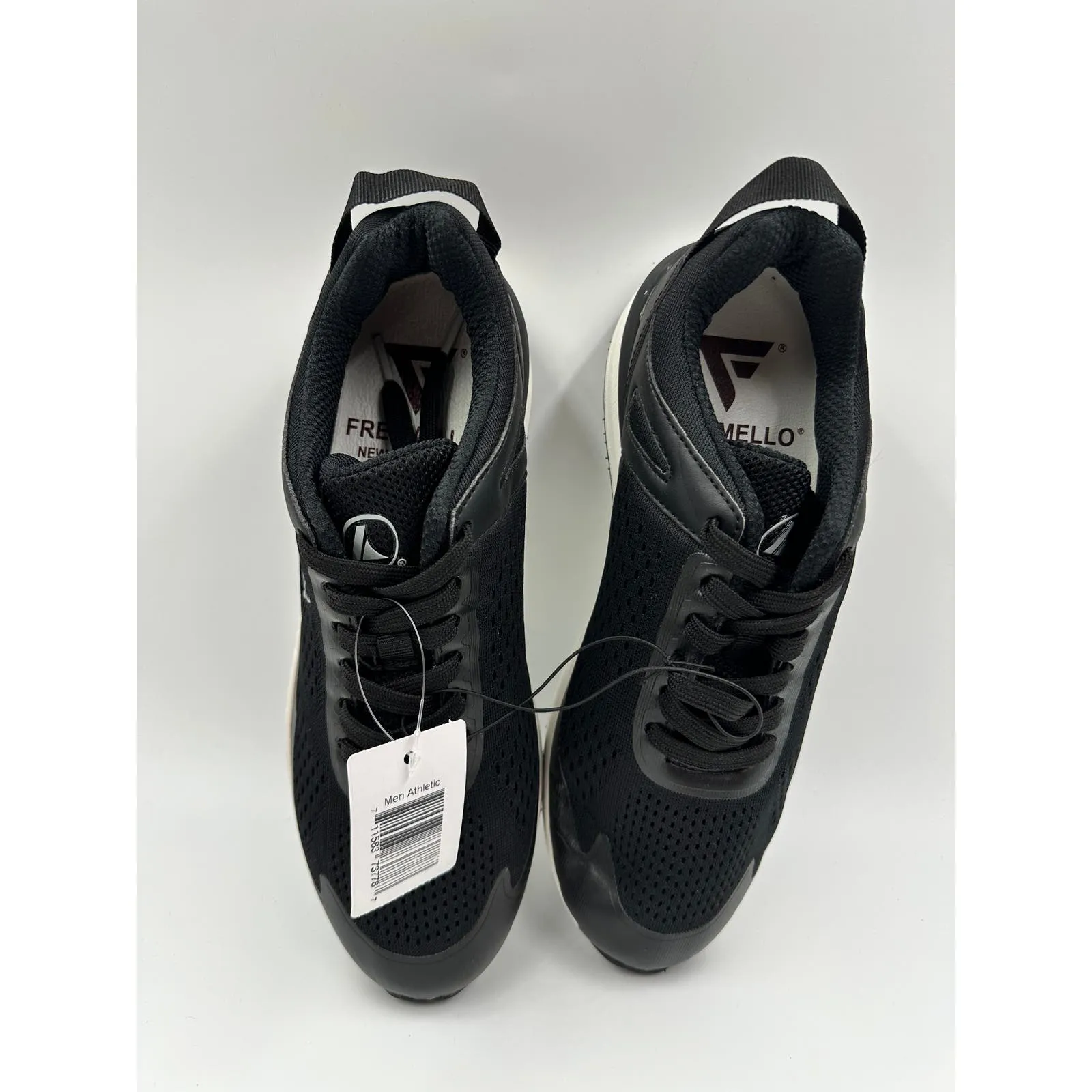 Men's Size 8.5, Black Low Top Casual Sneakers with Tie In Laces, and White Sole