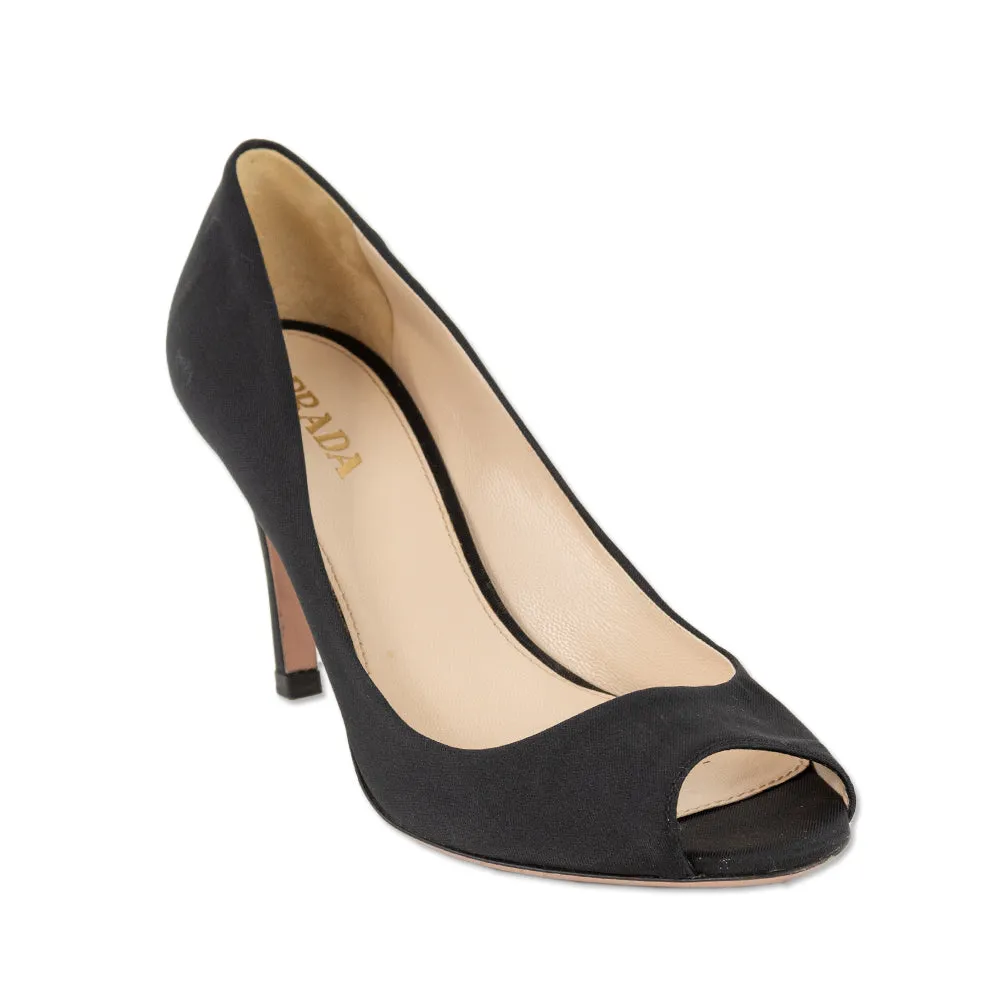 Prada Calzature Donna Black Silk Twill Peep Toe Pumps