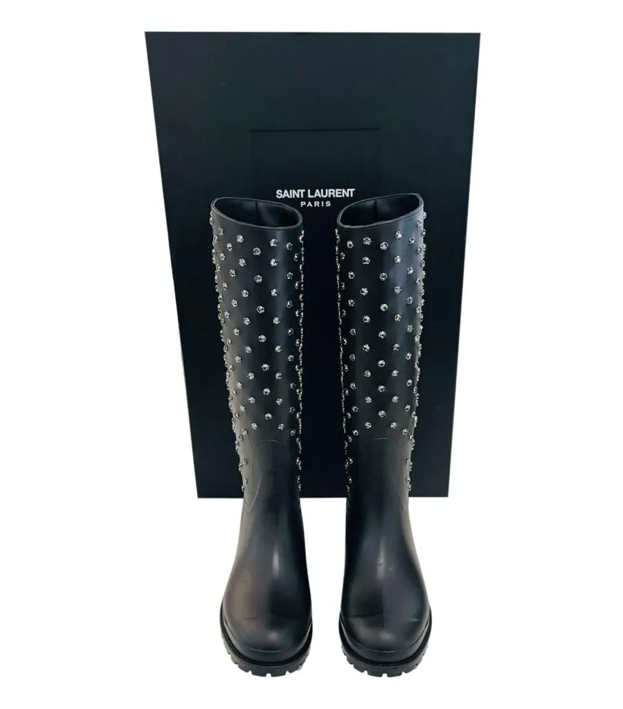 Saint Laurent Festival 25 Crystal Studded Rubber Rain Boots. Size 36