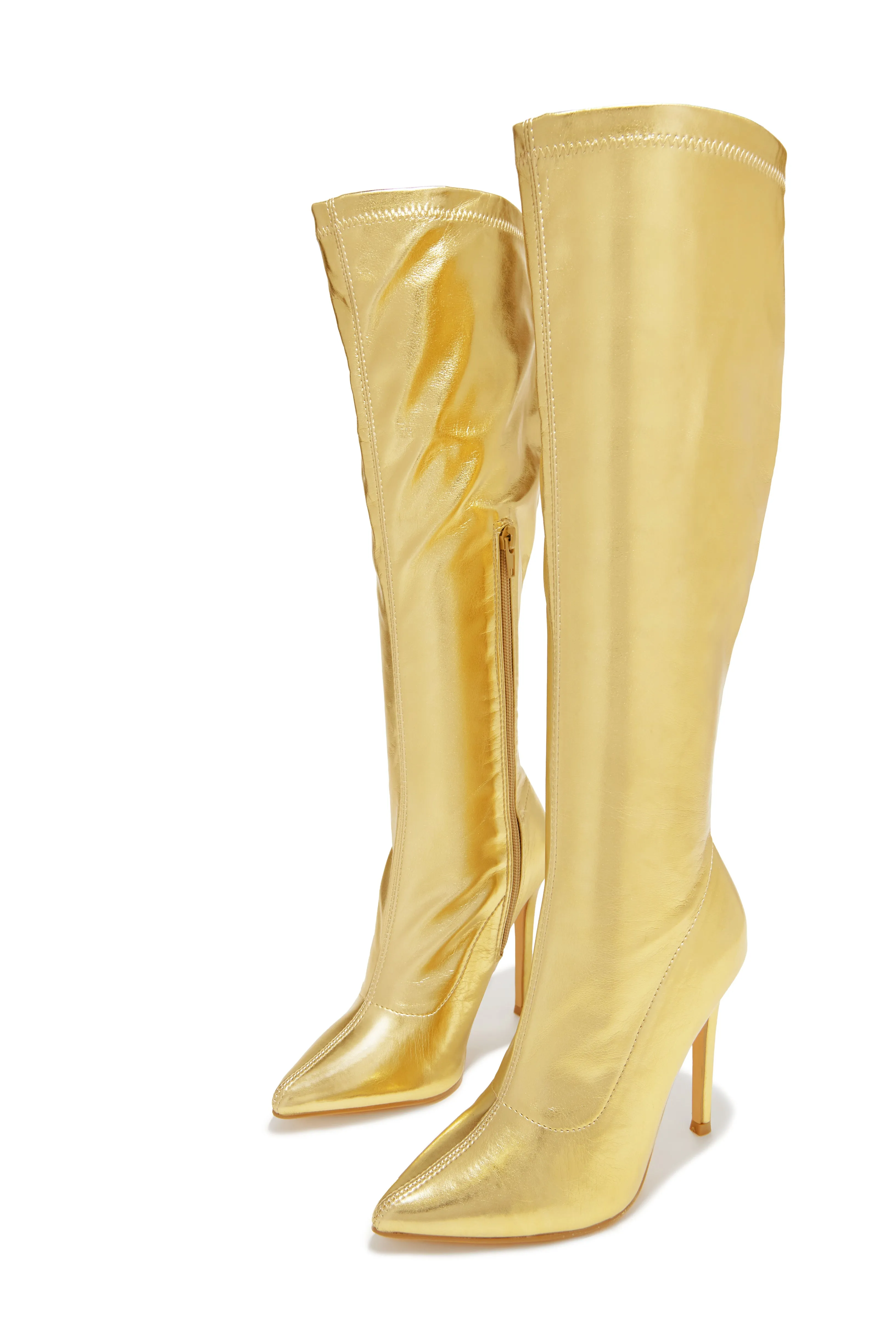 So Dramatic Knee High Heel Boots - Gold