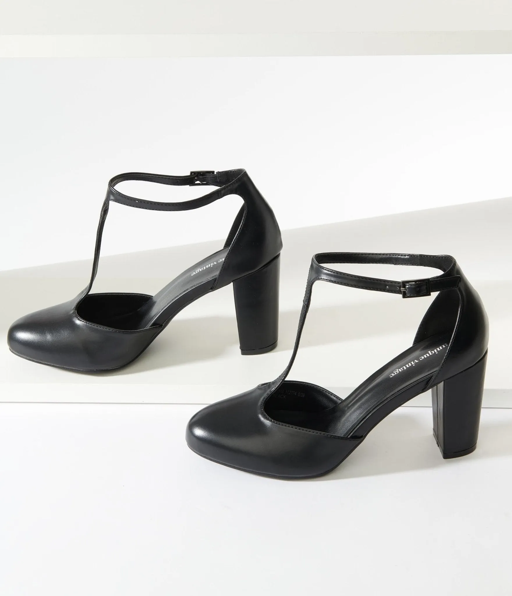 Unique Vintage Black Leatherette T-Strap Astaire Pumps